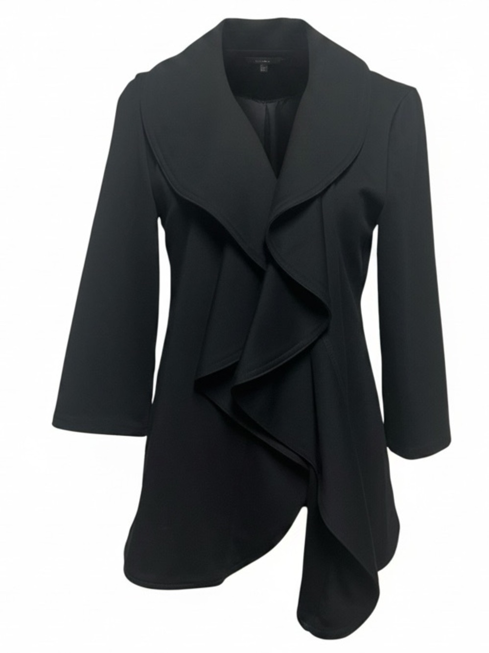 Carmen Marc Valvo Black Shawl Ruffle Jacket Size 10 Draped Open Front